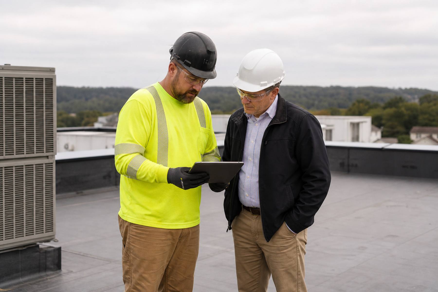 Quantum crew working on a commercial real estate and property management roof