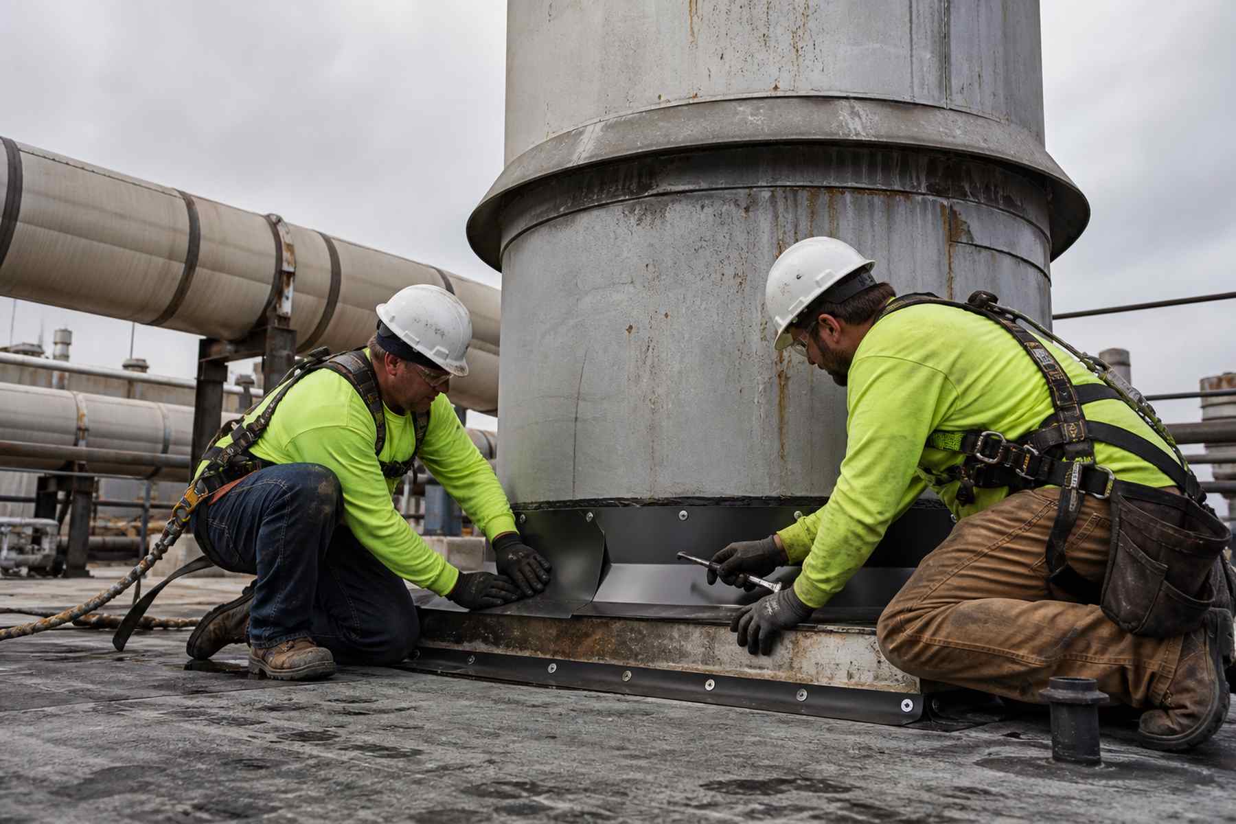 Quantum crew working on a industrial and manufacturing roof