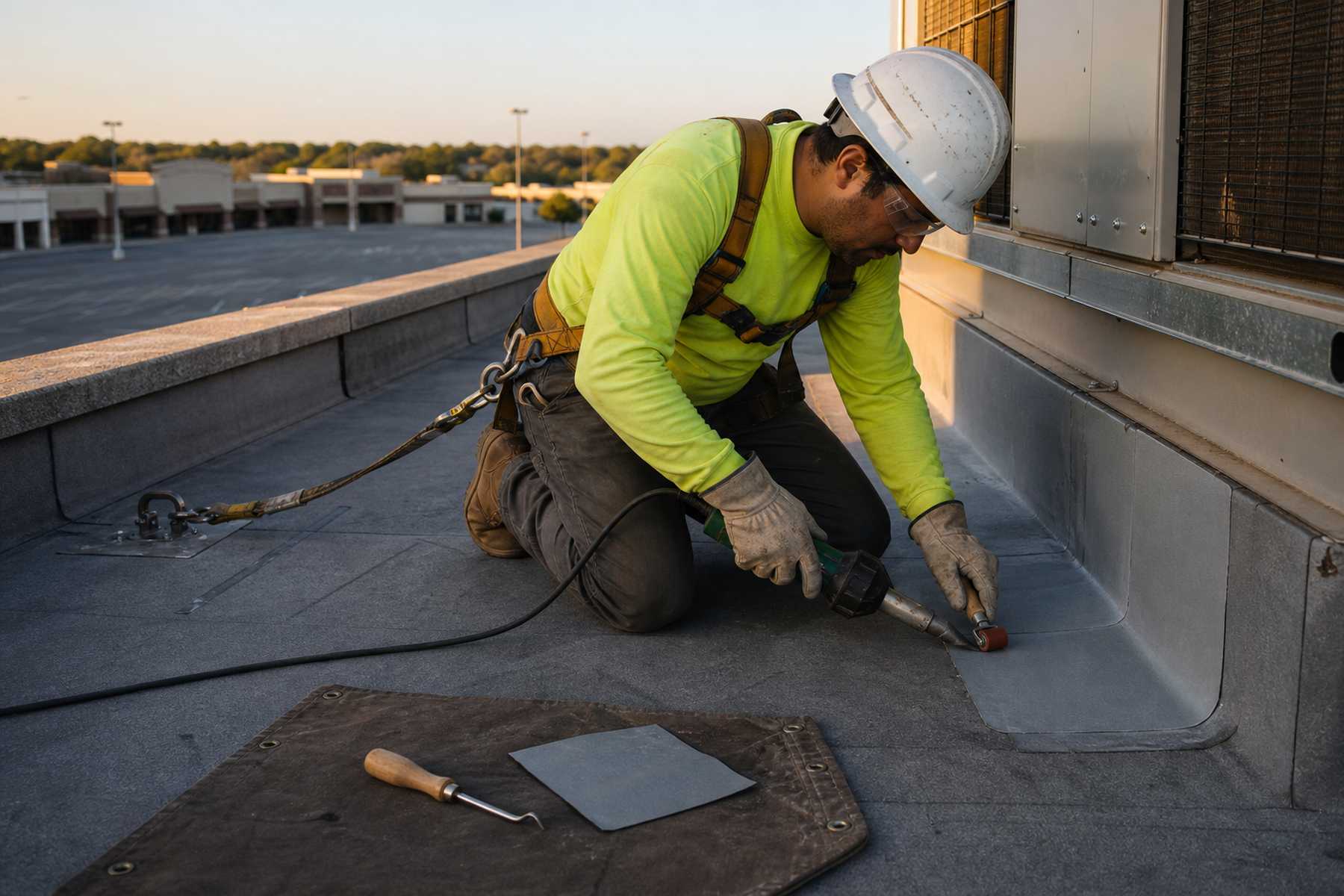 Quantum crew working on a retail and office properties roof