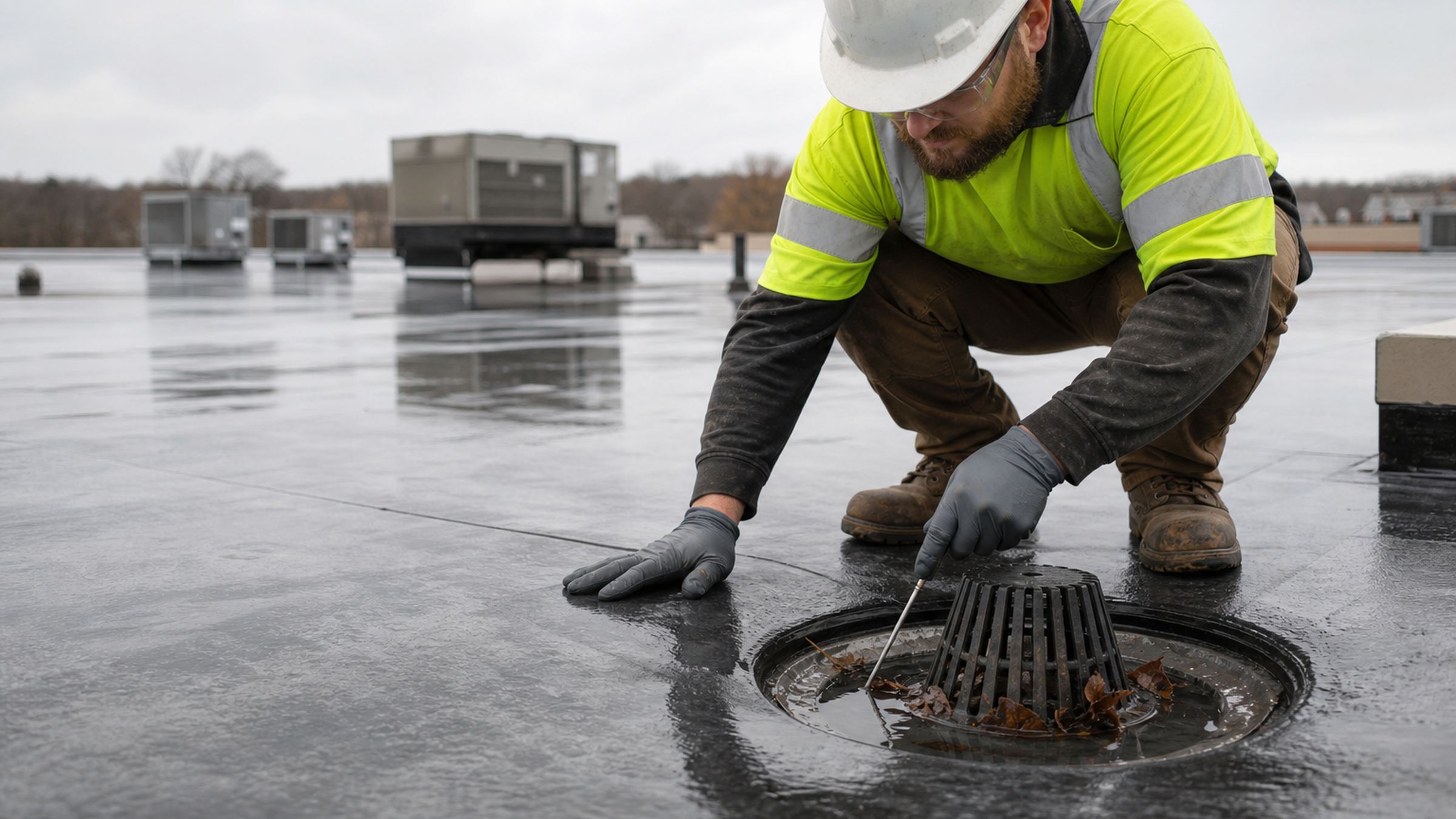 Quantum roofer inspecting a membrane seam and roof drain
